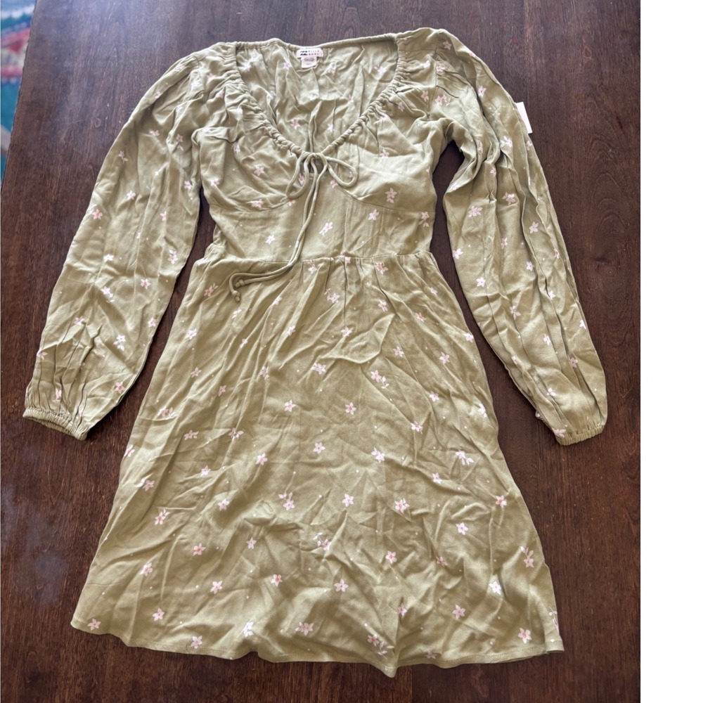 Billabong Sol Love Mini Dress Avocado Green Floral Long Sleeve ABJWD00750 Small